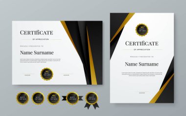 Şirket için siyah altın ve beyaz vektör modern zarif ve lüks sertifika şablonu. Ödül, iş, diploma, atölye, ödül, mezuniyet, tamamlama, rekabet ve eğitim için