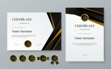 Siyah altın ve beyaz şekilli modern sertifika şablonu. Kurumsal başarı, diploma, ödül, mezuniyet, tamamlanma, takdir, takdir, tanınma vesaire için