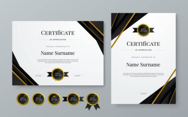 Siyah beyaz ve altın vektör ödül sertifikası kurumlar için modern soyut tasvirler. Takdir, başarı, ödül, eğitim, rekabet, diploma şablonu