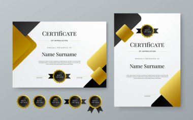 Siyah altın ve beyaz vektör modern lüks sertifika şablon tasarımı. Takdir, başarı, ödül, eğitim, rekabet, diploma şablonu
