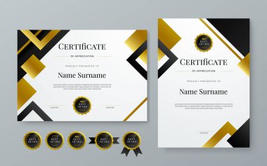 Şirket için siyah altın ve beyaz vektör modern zarif ve lüks sertifika şablonu. Ödül, iş, diploma, atölye, ödül, mezuniyet, tamamlama, rekabet ve eğitim için
