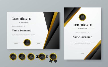 Siyah altın ve beyaz şekilli modern sertifika şablonu. Kurumsal başarı, diploma, ödül, mezuniyet, tamamlanma, takdir, takdir, tanınma vesaire için