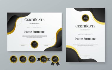 Lüks rozetli, modern çizgili ve şekilli siyah beyaz ve altın sertifikalı sınır şablonu. Başarı sertifikası, diploma, eğitim, okul
