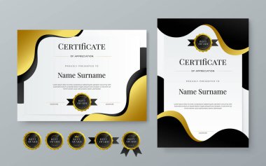 Siyah beyaz ve altın vektör ödül sertifikası kurumlar için modern soyut tasvirler. Takdir, başarı, ödül, eğitim, rekabet, diploma şablonu