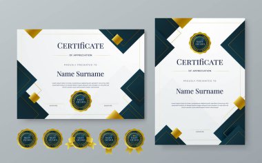 Lüks ve modern sertifika tasarım şablonlu siyah beyaz ve altın sertifika tasarımı. Başarı sertifikası, diploma, eğitim, okul