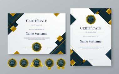 Siyah altın ve beyaz şekilli modern sertifika şablonu. Kurumsal başarı, diploma, ödül, mezuniyet, tamamlanma, takdir, takdir, tanınma vesaire için