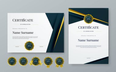 Lüks rozetli, modern çizgili ve şekilli siyah beyaz ve altın sertifikalı sınır şablonu. Başarı sertifikası, diploma, eğitim, okul