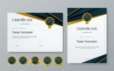 Siyah beyaz ve altın vektör ödül sertifikası kurumlar için modern soyut tasvirler. Takdir, başarı, ödül, eğitim, rekabet, diploma şablonu