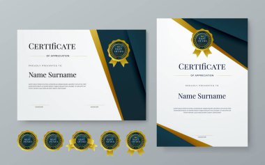 Siyah beyaz ve altın taşıyıcı düz ve kurumsal veya ödüller için gradyan modern sertifika şablonu. Takdir, başarı, ödül, diploma, şirket ve eğitim için