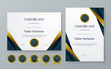 Siyah altın ve beyaz şekilli modern sertifika şablonu. Kurumsal başarı, diploma, ödül, mezuniyet, tamamlanma, takdir, takdir, tanınma vesaire için