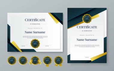 Lüks ve modern sertifika tasarım şablonlu siyah beyaz ve altın sertifika tasarımı. Başarı sertifikası, diploma, eğitim, okul