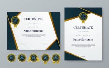 Siyah altın ve beyaz vektör modern lüks sertifika şablon tasarımı. Takdir, başarı, ödül, eğitim, rekabet, diploma şablonu