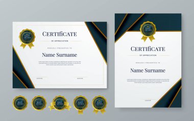 Siyah altın ve beyaz sertifika modern zarif ve lüks şablon şekilli. Takdir, başarı, ödül, diploma, şirket ve eğitim için