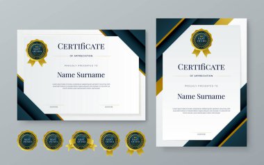 Siyah beyaz ve altın taşıyıcı düz ve kurumsal veya ödüller için gradyan modern sertifika şablonu. Takdir, başarı, ödül, diploma, şirket ve eğitim için
