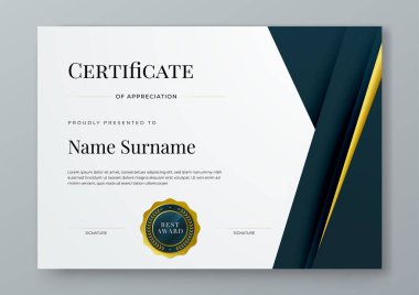 Lüks rozetli, modern çizgili ve şekilli siyah beyaz ve altın sertifikalı sınır şablonu. Başarı sertifikası, diploma, eğitim, okul