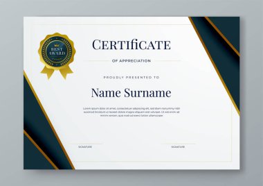Siyah altın ve beyaz sertifika modern zarif ve lüks şablon şekilli. Takdir, başarı, ödül, diploma, şirket ve eğitim için