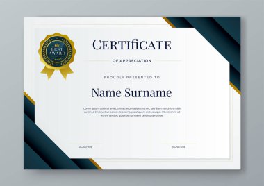 Siyah beyaz ve altın taşıyıcı düz ve kurumsal veya ödüller için gradyan modern sertifika şablonu. Takdir, başarı, ödül, diploma, şirket ve eğitim için
