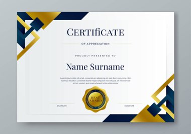 Lüks ve modern sertifika tasarım şablonlu mavi beyaz ve altın sertifika tasarımı. Başarı sertifikası, diploma, eğitim, okul