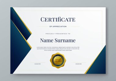 Mavi altın ve beyaz şekilli modern sertifika şablonu. Kurumsal başarı, diploma, ödül, mezuniyet, tamamlanma, takdir, takdir, tanınma vesaire için