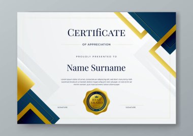 Şirket için mavi altın ve beyaz vektör modern zarif ve lüks sertifika şablonu. Ödül, iş, diploma, atölye, ödül, mezuniyet, tamamlama, rekabet ve eğitim için