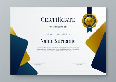 Mavi altın ve beyaz sertifika modern zarif ve şekilli lüks şablon. Takdir, başarı, ödül, diploma, şirket ve eğitim için