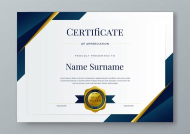 Mavi beyaz ve altın vektör ödül sertifikası kurumlar için modern soyut tasvirler. Takdir, başarı, ödül, eğitim, rekabet, diploma şablonu