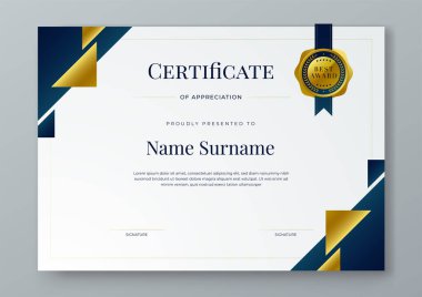Mavi beyaz ve altın vektör düz ve kurumsal veya ödüller için gradyan modern sertifika şablonu. Takdir, başarı, ödül, diploma, şirket ve eğitim için
