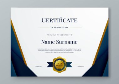 Mavi altın ve beyaz vektör modern lüks sertifika şablon tasarımı. Takdir, başarı, ödül, eğitim, rekabet, diploma şablonu