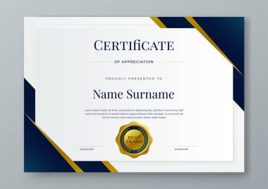 Lüks rozetli, modern çizgili ve şekilli kıymet bildirisine dair mavi beyaz ve altın sertifika. Başarı sertifikası, diploma, eğitim, okul
