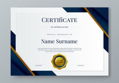 Şirket lüksü ve modern şablonun mavi beyaz ve altın sertifikası. Kurumsal başarı, diploma, ödül, mezuniyet, tamamlanma, takdir, takdir, tanınma vesaire için
