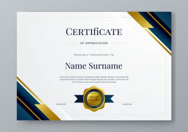 Mavi beyaz ve altın vektör ödül sertifikası kurumlar için modern soyut tasvirler. Takdir, başarı, ödül, eğitim, rekabet, diploma şablonu