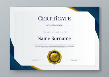 Lüks ve modern sertifika tasarım şablonlu mavi beyaz ve altın sertifika tasarımı. Başarı sertifikası, diploma, eğitim, okul