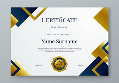 Mavi beyaz ve altın vektör profesyonel ve modern ödül sertifikası tasarım şablonu. Ödül, iş, diploma, atölye, ödül, mezuniyet, tamamlama, rekabet ve eğitim için