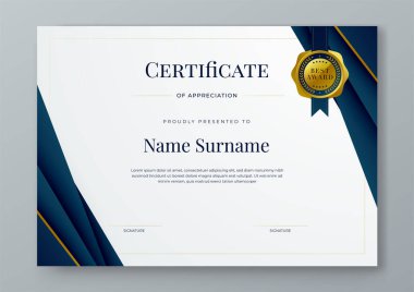 Mavi beyaz ve altın vektör düz ve kurumsal veya ödüller için gradyan modern sertifika şablonu. Takdir, başarı, ödül, diploma, şirket ve eğitim için