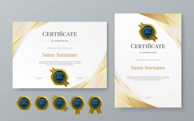 Beyaz mavi ve altın vektör profesyonel ve modern ödül sertifikası tasarım şablonu. Ödül, iş, diploma, atölye, ödül, mezuniyet, tamamlama, rekabet ve eğitim için