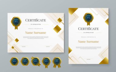 Altın mavisi ve beyaz vektör modern lüks sertifika şablon tasarımı. Takdir, başarı, ödül, eğitim, rekabet, diploma şablonu