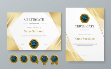 Lüks rozetli, modern çizgileri ve şekilleri olan beyaz mavi ve altın bir takdir belgesi. Başarı sertifikası, diploma, eğitim, okul