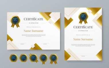 Altın mavisi ve beyaz sertifika modern zarif ve şekilli lüks şablon. Takdir, başarı, ödül, diploma, şirket ve eğitim için