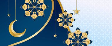 Lambalı ve mandala süslemeli fenerlerle donatılmış mavi beyaz ve altın renkli İslami afiş. Tebrik kartı, reklam, indirim, poster, arkaplan ve afiş için