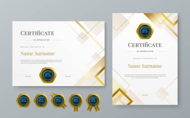 Lüks ve modern sertifika tasarım şablonu olan beyaz mavi ve altın sertifika tasarımı. Başarı sertifikası, diploma, eğitim, okul