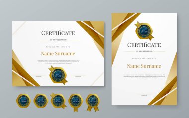 Beyaz mavi ve altın vektör profesyonel ve modern ödül sertifikası tasarım şablonu. Ödül, iş, diploma, atölye, ödül, mezuniyet, tamamlama, rekabet ve eğitim için