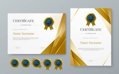 Beyaz mavi ve altın vektör düz ve kurumsal veya ödüller için gradyan modern sertifika şablonu. Takdir, başarı, ödül, diploma, şirket ve eğitim için