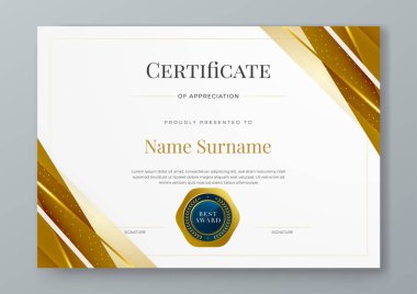 Lüks rozetli, modern çizgileri ve şekilleri olan beyaz mavi ve altın bir takdir belgesi. Başarı sertifikası, diploma, eğitim, okul