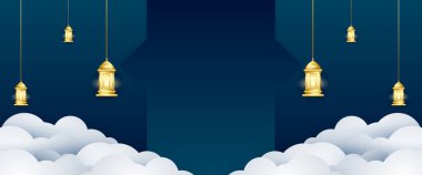 Lamba ve mandala süslemeli mavi beyaz ve altın taşıyıcı lüks İslami afiş. Tebrik kartı, reklam, indirim, poster, arkaplan ve afiş için