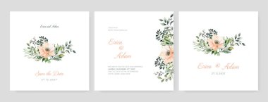 Lüks düğün davetiyesi şablonu. Altın çizgili suluboya kart, dallar, yapraklar. Zarif sonbahar botanik vektör tasarımı uygun