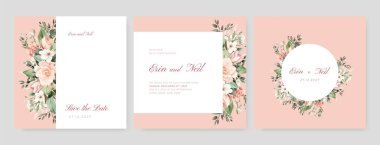 Çiçekli düğün davetiyesi seti. Donanma ve şeftali rengi güller ve yapraklar. Botanik kart tasarımı kavramı