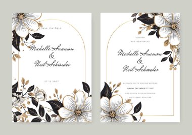 Çiçekli ve yapraklı güzel düğün davetiyesi şablonu