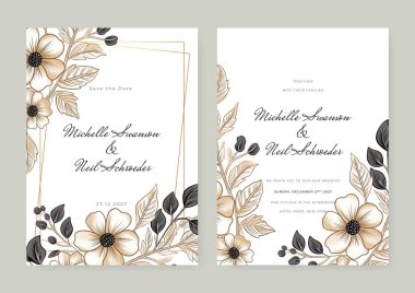 Yapraklı tasarım. Pankart, el ilanı, poster ve selamlama için çiçek desenleri. Yapraklı suluboya düğün ve altın geometrik çerçeve.