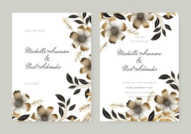 Çiçekli düğün davetiyesi şablonu tasarımı, manolya çiçekli beyaz çiçeklerle süslenmiş altın suluboya.