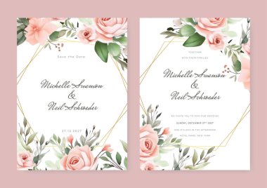 Çiçekli ve yapraklı güzel düğün davetiyesi şablonu